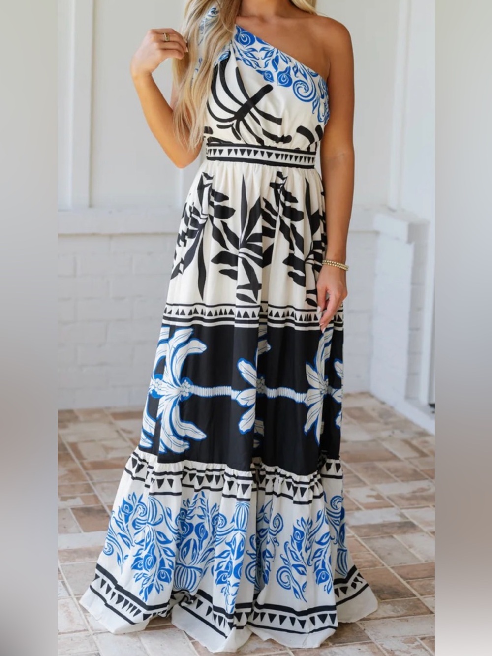 One-Shoulder Blue, Black & White Floral Maxi Dress